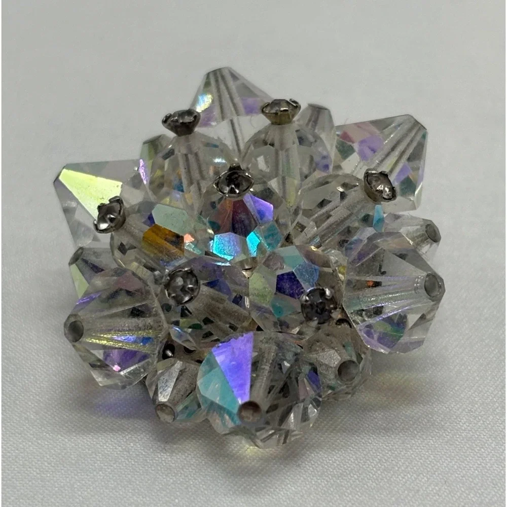 Vintage‎ Aurora Borealis Glass Crystal Beaded Round BROOCH PIN